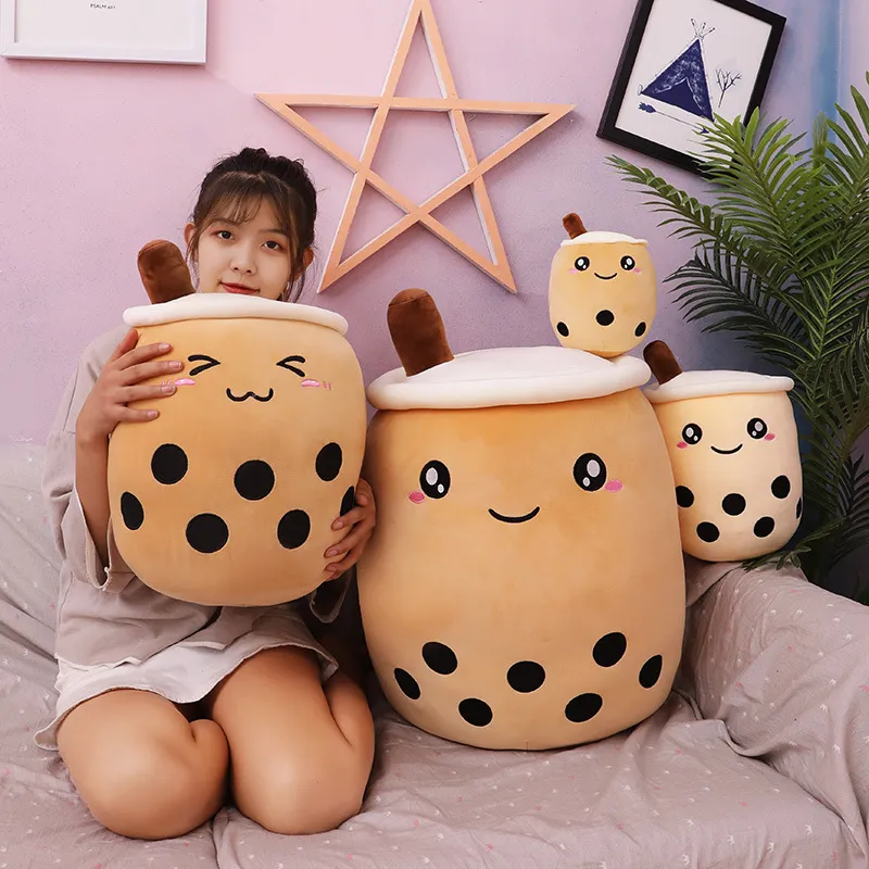 Dolls cute 24cm Fruit Drink Plush Stuffed Soft Pink Strawberry Milk Plush Boba Tea Cup Toy Bubble Pillow Cushion Kids Gift