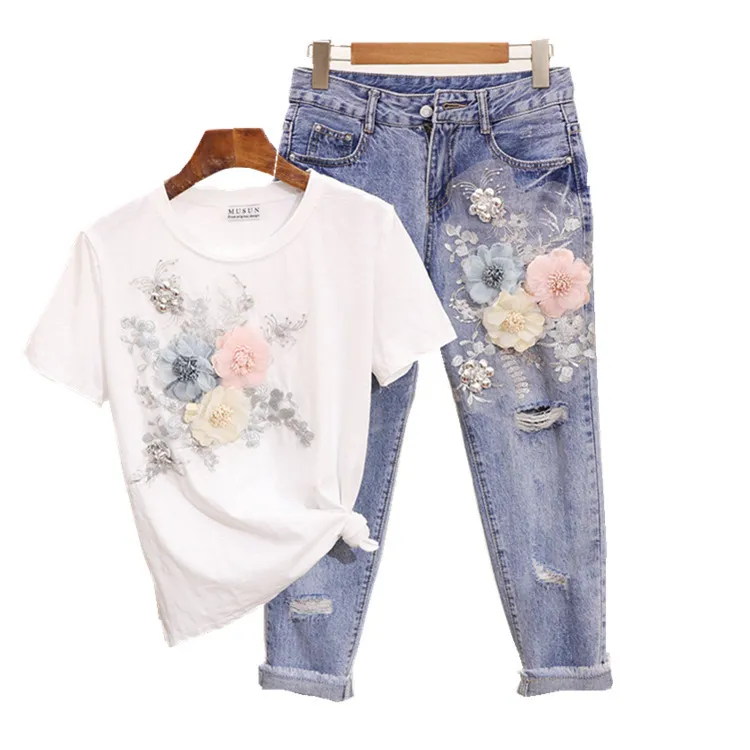 Summer Fashion Women T Shirt Jeans European Style Denim Suit Embroidery 3D Flower Female Trousers Vintage Beading Sets S XXL 220616