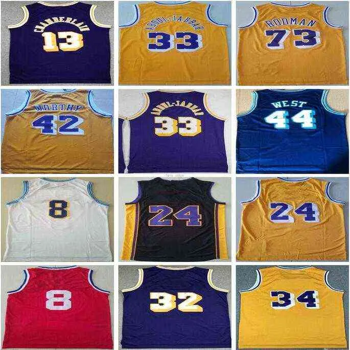 カレッジバスケットボールウェア1998年の男性ヴィンテージバスケットボールウィルトチェンバレンジャージー13デニスロッドマン73ジェリーウェスト44カリームアブドゥルジャバー33エルギンベイラー22ステッチハイ