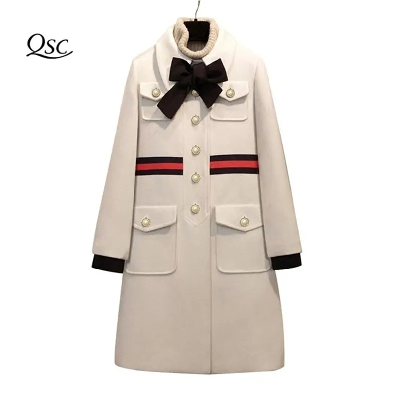 Thick Coat Women Bow Slim Pocket Wool Winter Jacket Women Slim Woolen Long Cashmere Coats Cardigan Jackets Elegant Blend 201215