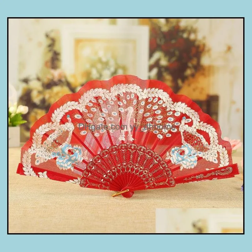 100pcs spanish victorian hand fan floral fabric embroidered peacock tail dance fans party supplies for gift sn3140