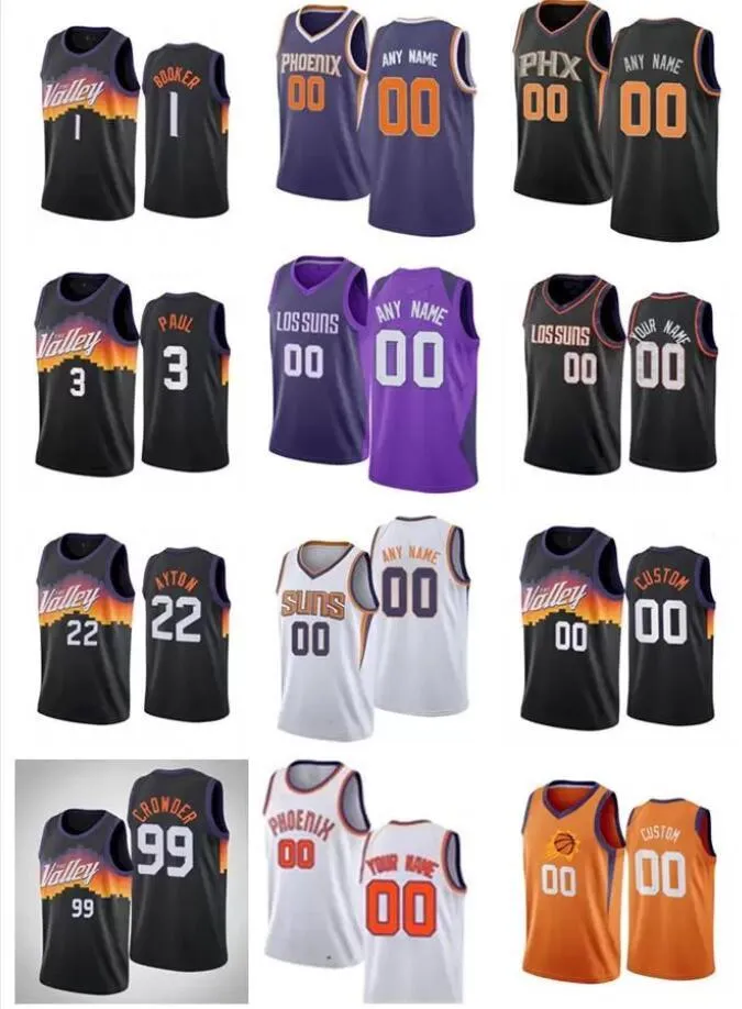 Herrkvinnor Youth Chris 3 Paul Devin 1 Booker Jae 99 Crowder DeAndre 22 Ayton Custom Black White Purple Basket