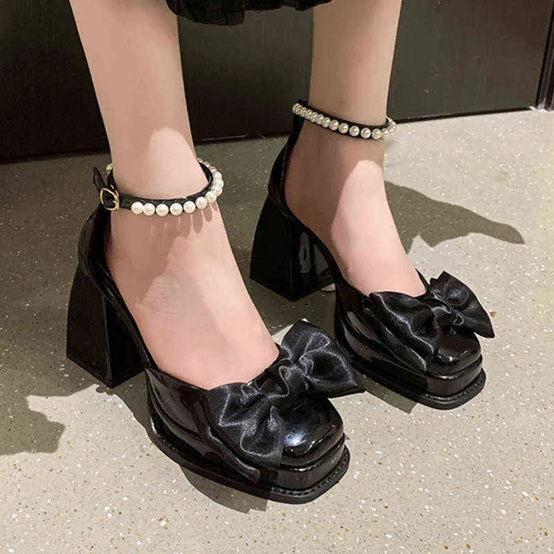 Женщины одеваются обувь Lucyever Parels Strap Platform Pompen Vrouwen 2022 Strik Dikke Hakken Mary Jean Schoenen Vrouw Vierkante Teen Hoge Dames 220607