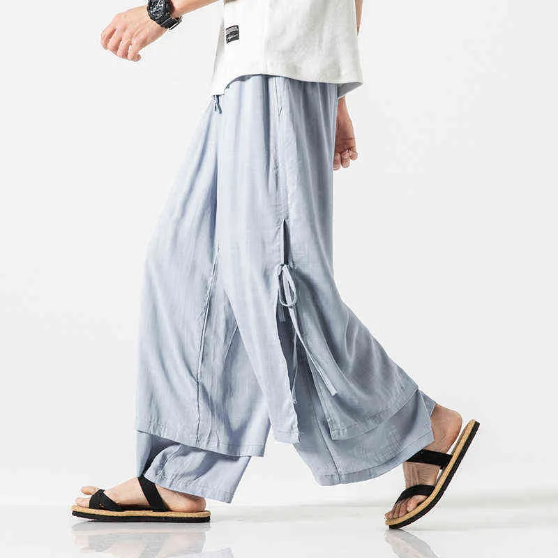 Pantalon en coton et lin pour hommes, respirant, couleur unie, jambes larges, rue HanFu Kongfu, jupe, 2022, M-5XL, L220706