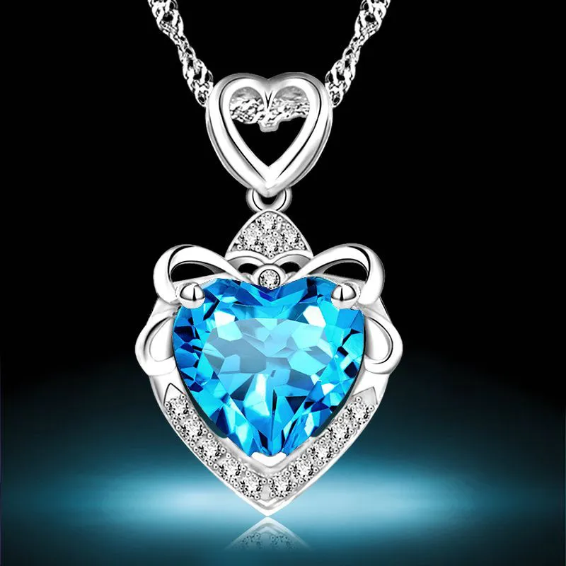 Women wedding party sky blue zircon love Heart full diamond Pendant Necklace lady European and American style clavicle chain Valentine's Day gift for my girlfriend