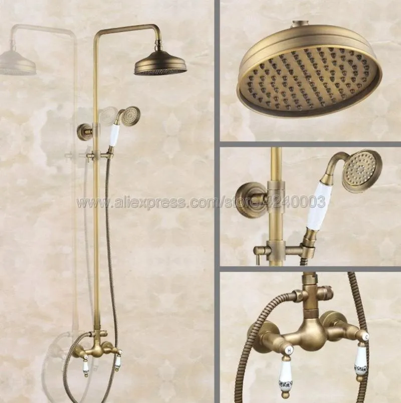 Bathroom Shower Sets Antique Brass Faucet 8" Rainfall Head Dual Handles With Handshower Kan107Bathroom