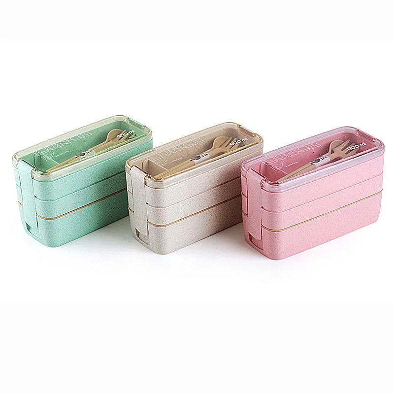 Lunch Box 3 Grid Wheat Straw Bento Transparent Lid Food Container For Work Travel Portable Student Lunch Boxes Containers