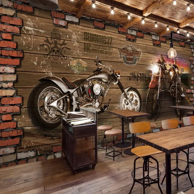 Wholesale- Free Internet Cafes 3D Vintage Motorcycle Car Wood Brick Wall European Retro Cafe Bedroom Living Room Mural Wallpaper