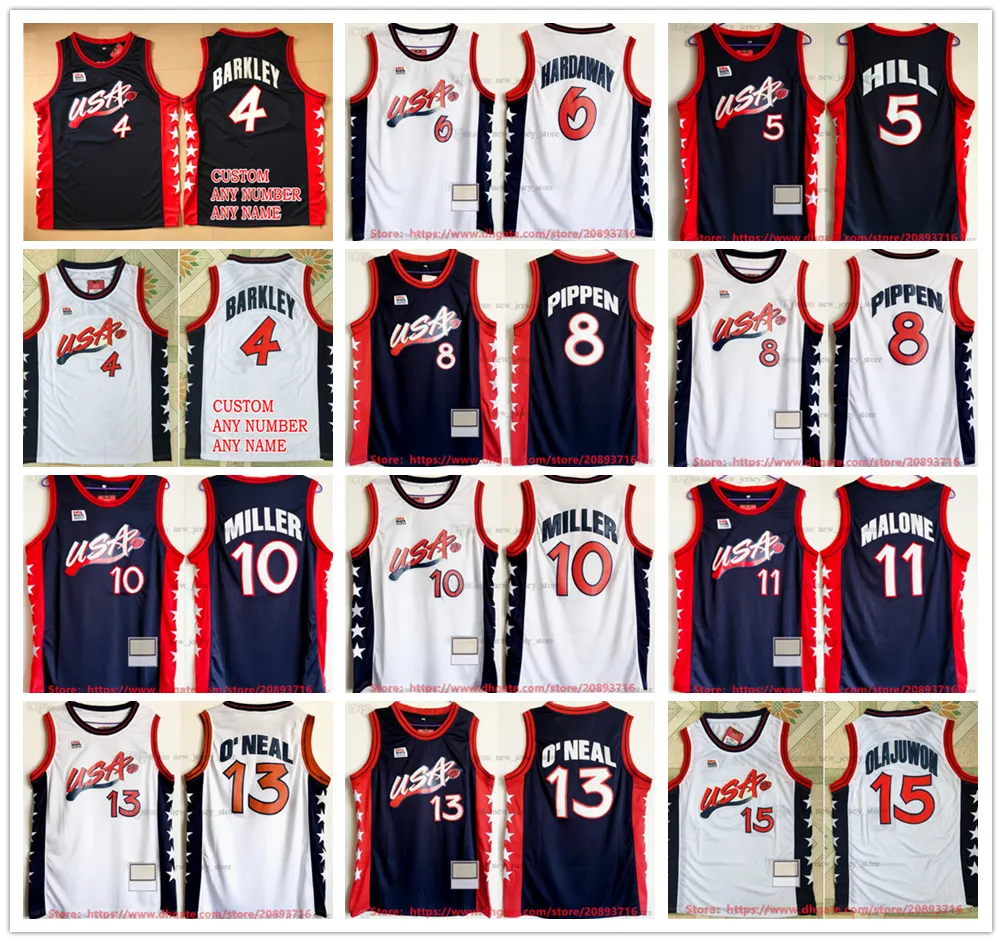 Retro 1996 Dream Team Jerseys Olajuwon, Hardaway, Barkley, Miller, Pippen  Hill Men's, Women's Kids Basketball Jerseys