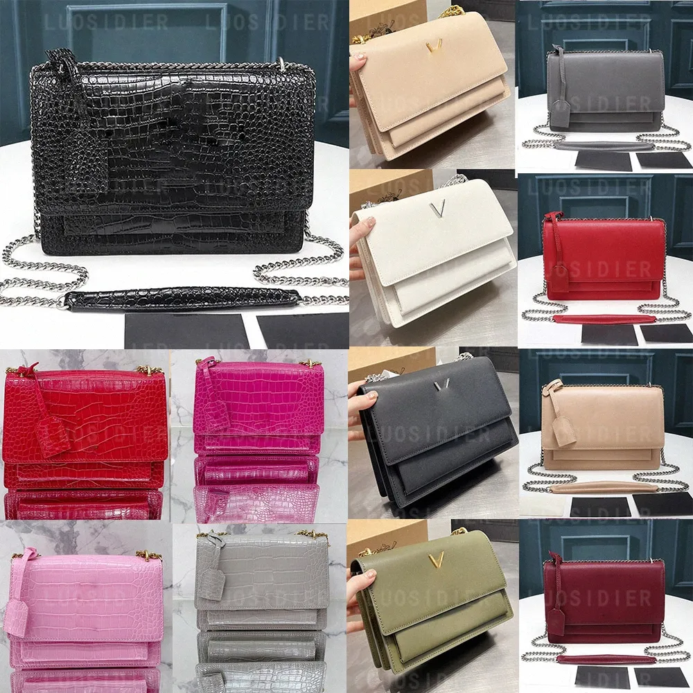 Designer Lyx Sunset Kedja Plånbok Slät Flik Väska Plånböcker Kvinnor Crossbody Axel Medium Väskor Krokodilpräglat Glänsande Läder Liten Solnedgångslampa