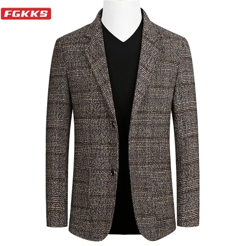 FGKKS Giacca corta da uomo scozzese scozzese da uomo elegante giacca da uomo Business Casual Blazer con un bottone per uomo regolare LJ201103