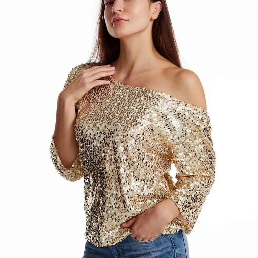 Dames Sparkle Pailletten Off Shoulder Tank Top Blouse Classic Trendy Casual Glittery Losse Kostuum Cocktail Party T-shirt 220328