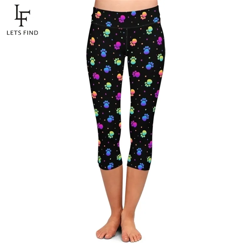 LETSFIND High Quaility 3D Colorful Dog PAWS Digital Printing Leggings New High Waist Plus Size Slim Women MidCalf Legging 201014