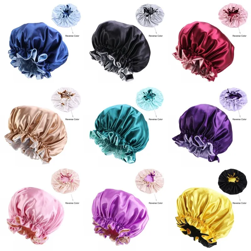 Silk Bonnet Sleep Cap Wrap Wrap Curl Double Layer Cetim Night Caps para Mulheres Cuidados Cabelos e Face de Lavagem