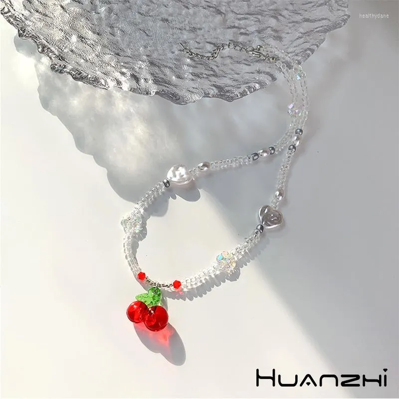 Chokers HUANZHI 2022 Sweet Summer Vacation Choker Transparent Acrylic Cherry Freshwater Pearl Beaded Necklace For Women Heal22