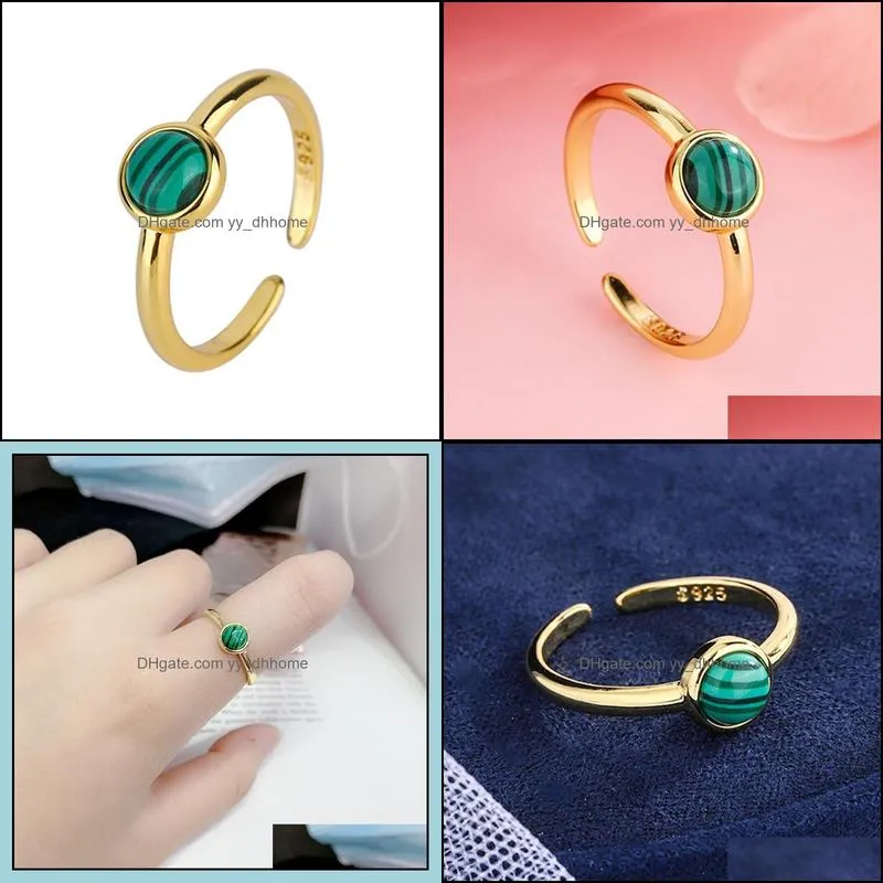 18K Green Malachite Round Gem Ring Female Fashion Simple Gold Creative