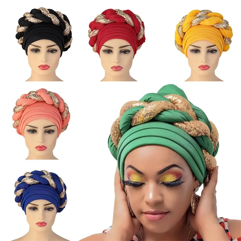 Arab Wrap Muslim Scarf Hijabs Turbans African Headtie Sequin Braid Hat For Women Pleated Beanie Headwrap Hair Accessories 220725