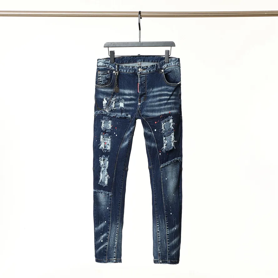 Crachá de jeans Men Rips Stretch Studend Ripped Biker Slim Fit Motorcycles Bikers Denim para homens da moda masculina preta calça preta