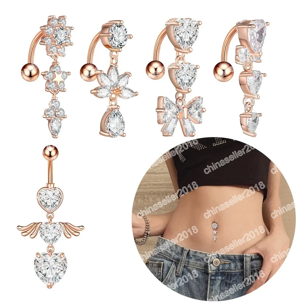 14G Reverse Belly Button Rings Dangle Flower Star Navel Ring Acciaio chirurgico CZ Gioielli piercing al ventre