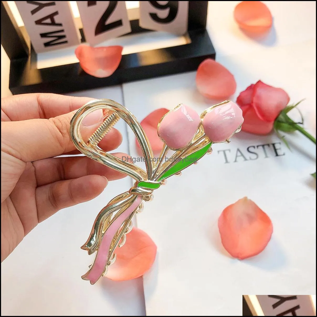 ins hot selling summer 10.5cm sweet tulip hair clip claws high quality metal epoxy flower shark clip hair accessories