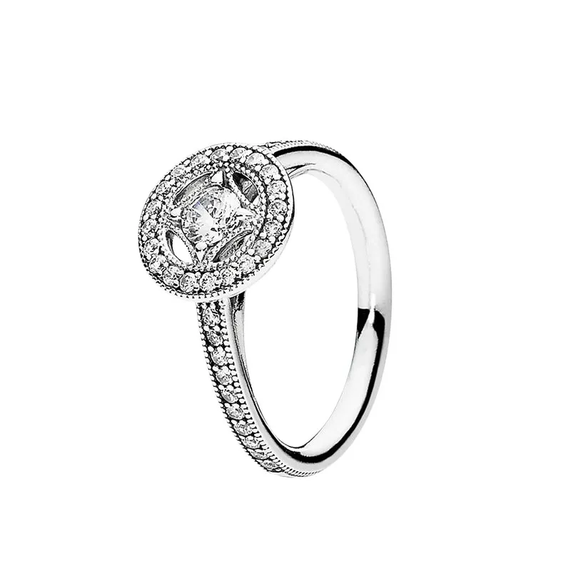 Autentico anello circolare vintage in argento sterling 925. Cofanetto originale per anelli firmati da donna con diamanti Pandora CZ