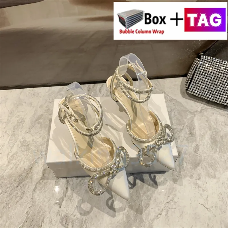 Luxury Mach Dress Shoes Women shoes 60 Silk Satin Double Bow Crystal decorative Sandals pointed toes Sandal Wedding Party Stiletto Heel High Heels Slides slipppers