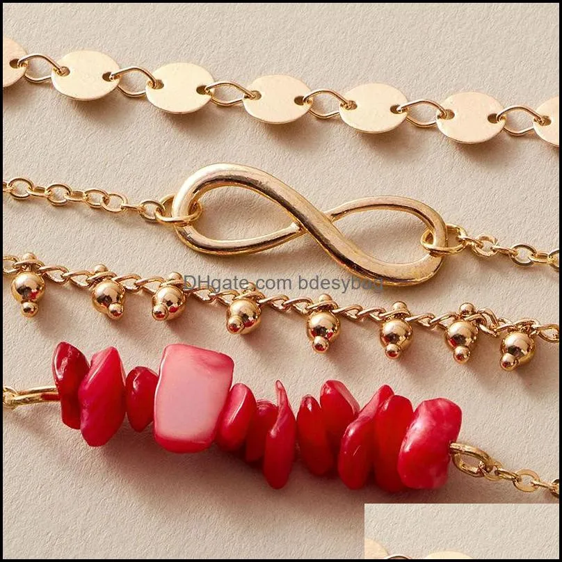 4pcs/set Link Chian Bracelets For Women Gold Plated Flowers Red Stone Blue Green Beads Rhinestone Bracelet Bangles Gift