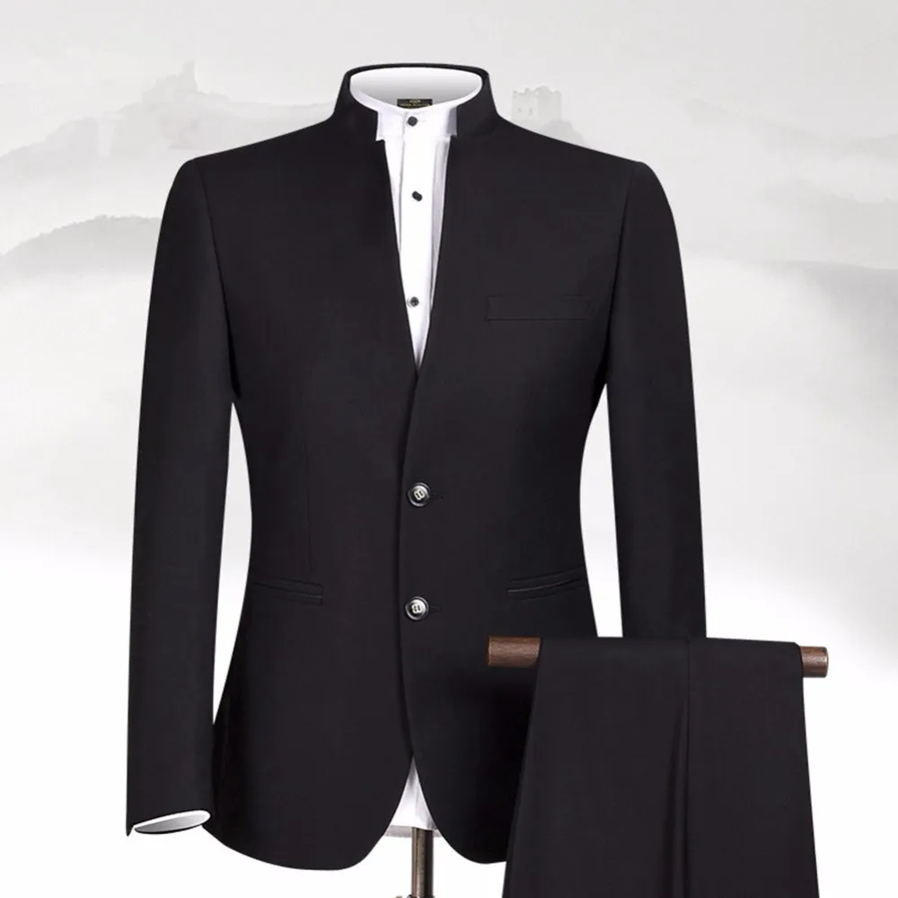 Os ternos dos homens Preto Zhongshan Collar Suits Classic Blazers Marca Design Negócios Personalizado Formal Tops and Calças Tamanhos Cores