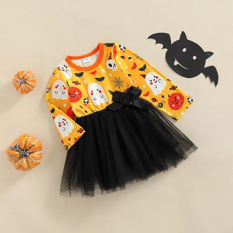 Girl's Dresses Infant Baby Girls Halloween Dress Cartoon Ghost Print Layered Mesh Tutu Round Neck Long Sleeve Party 0-3YearsGirl's