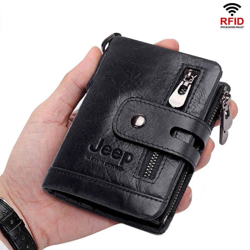 HBP RFID Anti-THEF Carteiras de couro genuíno para homens com suporte de cartão de luxo da marca de luxo Carteras Double Zipper Coin Pocket 220721