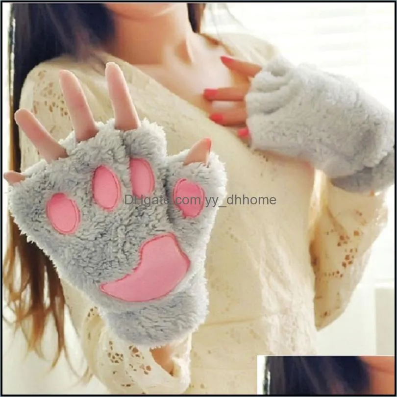 Five Fingers Gloves Fashion Girls Lovely Cat Claw Plush Mittens Warm Soft Short Fingerless Women Leisure Bear Half Finger Gifts