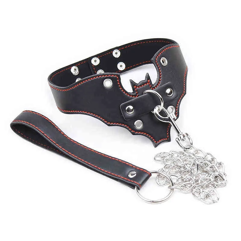 Erotica Adulto Brinquedos Couro Pescoço Restrição Gótico Steampunk Gargantilha Chunky Goth Wing Bat Colar com Corrente de Metal Leash Mulheres Homens BDSM 220507