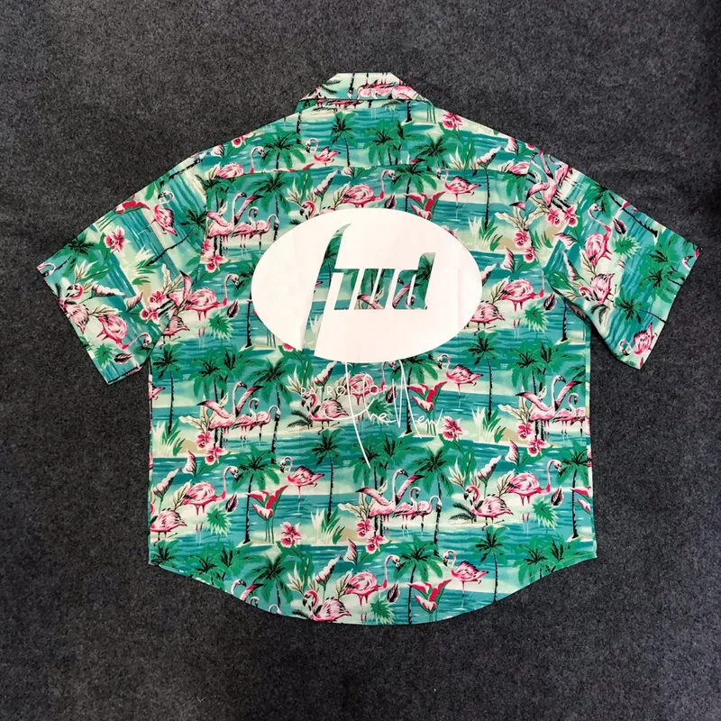 Европа США Гавайи Пляж Allover Шелковая повседневная рубашка с принтом фламинго Весна Лето Прохладный хип-хоп с коротким рукавом