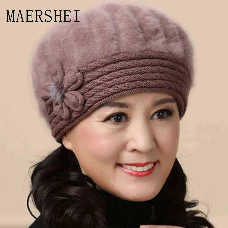 Maershei Winter Warm Protectorsウール帽子キャップ中央冬の女性うさぎの毛皮とベルベット厚いベレー帽の母の帽子J220722