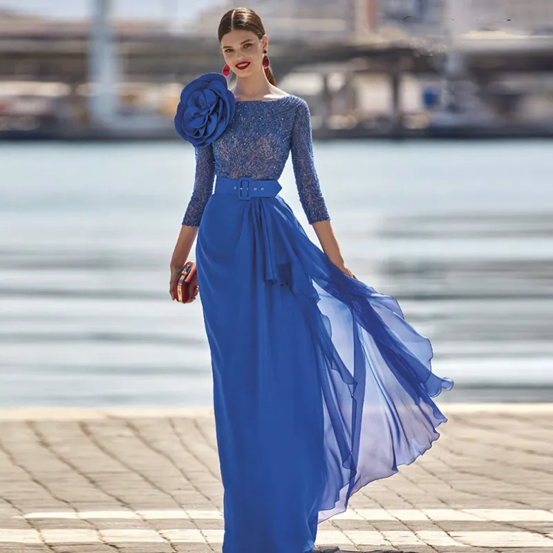 Azul Royal Mãe Da Noiva Vestidos De Lantejoulas Top Vestido De Noite Formal Com Manga Três Quater Convidado De Casamento Vestidos De Casamento 326 326