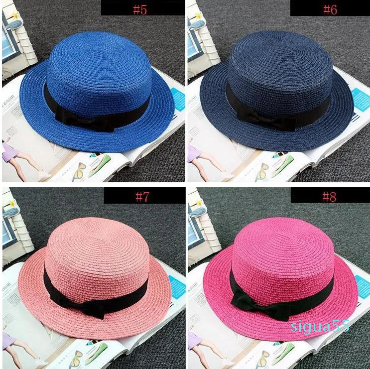 Wholesale-Man Women Straw Hat Summer Beach Hats Children And Adult Size Flat Top Straw Hat Men Boater Hats Flat Bowler Hat 11 Colors