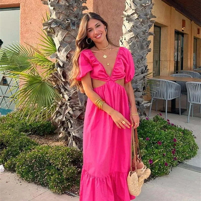 Sexy Backless Hollow Out Long A Line Dress Women Fashion Lace Up Puff Sleeve Maxi Summer Beach Robe Pink Woman S Jurk 220629
