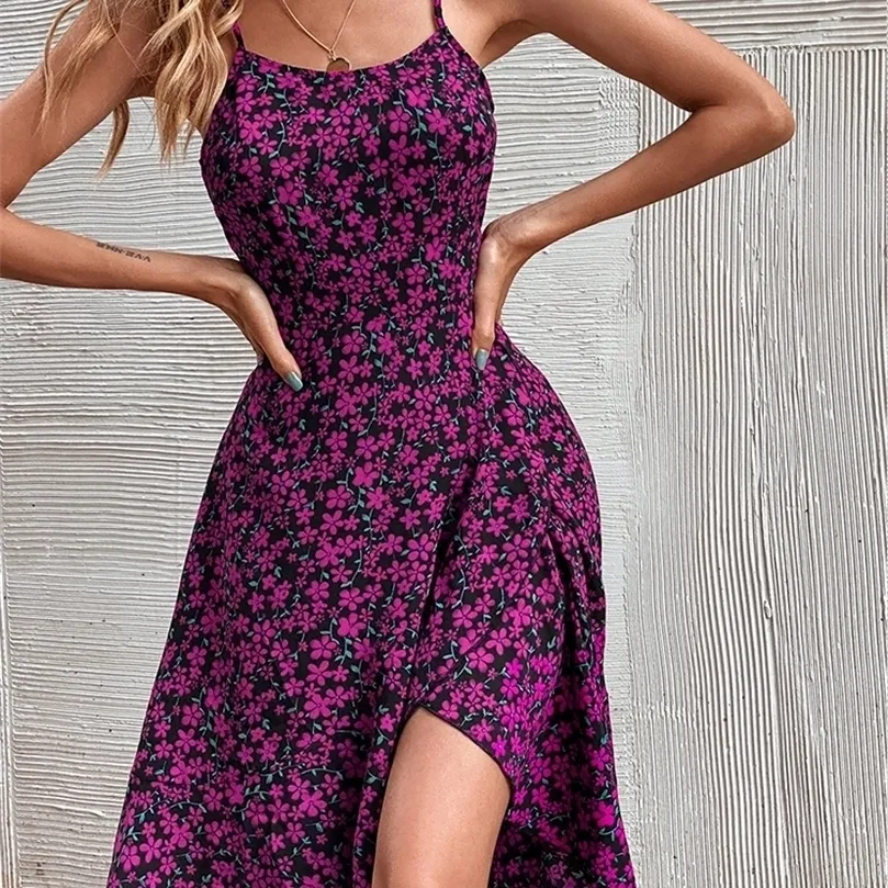 Sexy Fashion Purple Dress Women Beach Style Spaghetti Strap Backless Printed Floral Y2K Aesthetic Casual Summer 220616