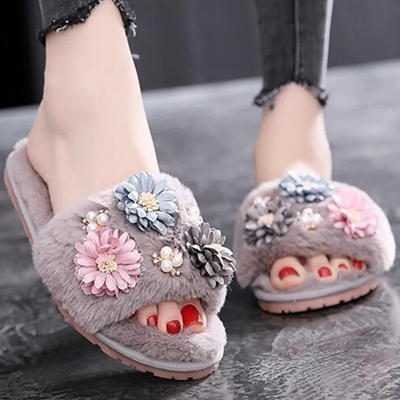 Women Winter Warm Indoor Slippers Adults Plush Flip Flops Home Shoes Cotton Home Slippers Flower decor dd086 Y201026