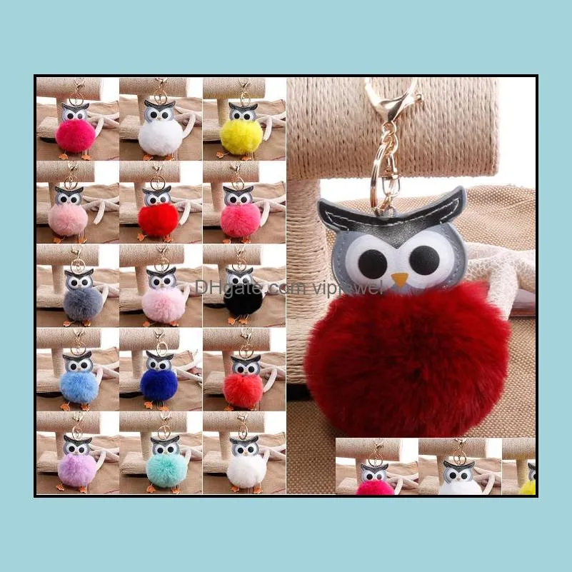 Keychains Fashion Accessories Creative Double-Sided Pu Owl Hair Ball Key Ring Cute Bag Car Pendant Pompom Keychain Cartoon ANI DHI3G