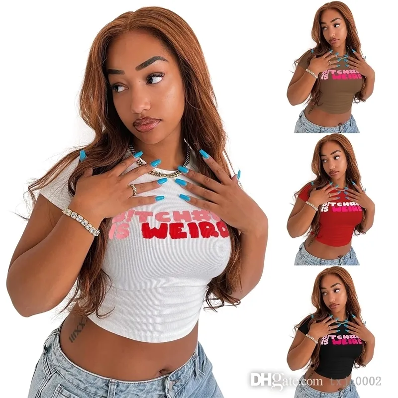 Camicie da donna sexy T-shirt elastica attillata da donna a maniche corte Top corto in materiale a coste stampato con lettera