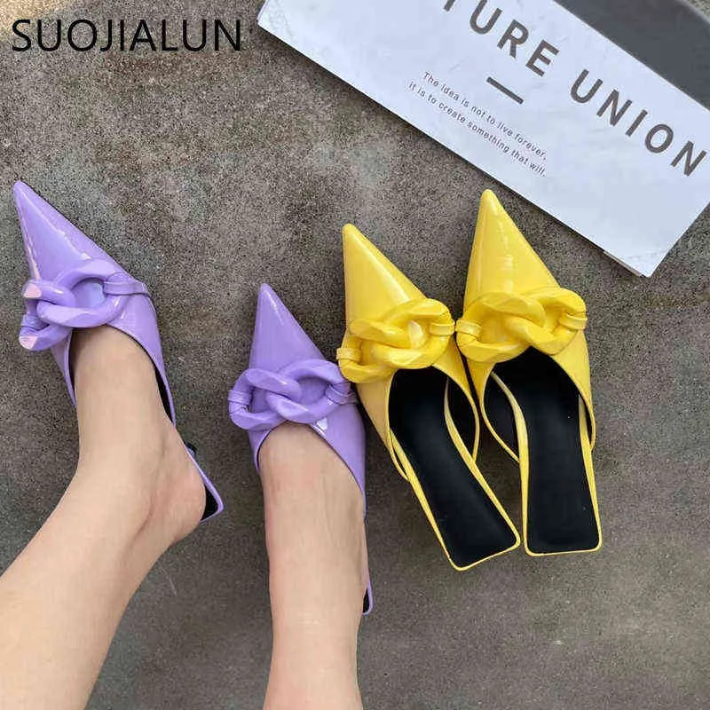 SUOJIALUN 2021 New Women Slipper Brand Buckle Pointed Toe Slip On Mules Shoes Ladies Thin Low Heel Outside Slides Female Sandal 220627