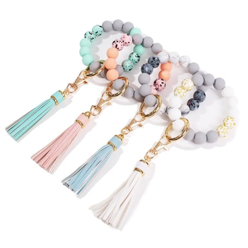 Party Favor Silicone Keychain For Keys Tassel Wood Beads Bracelet Keyring Women Accessories Wholesale