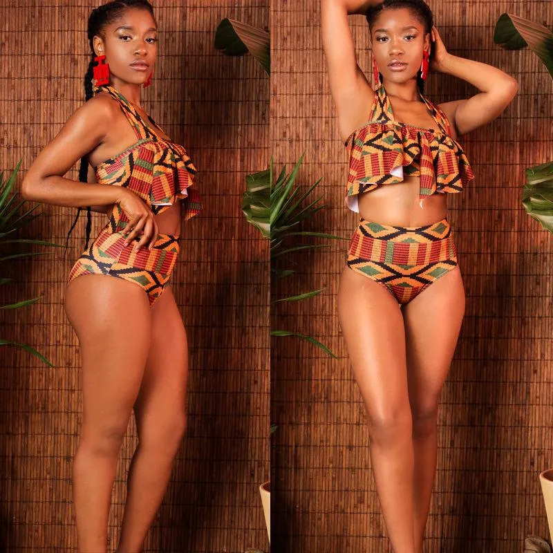 High Quality African Print Ruffle Bikini Set For Women Push Up