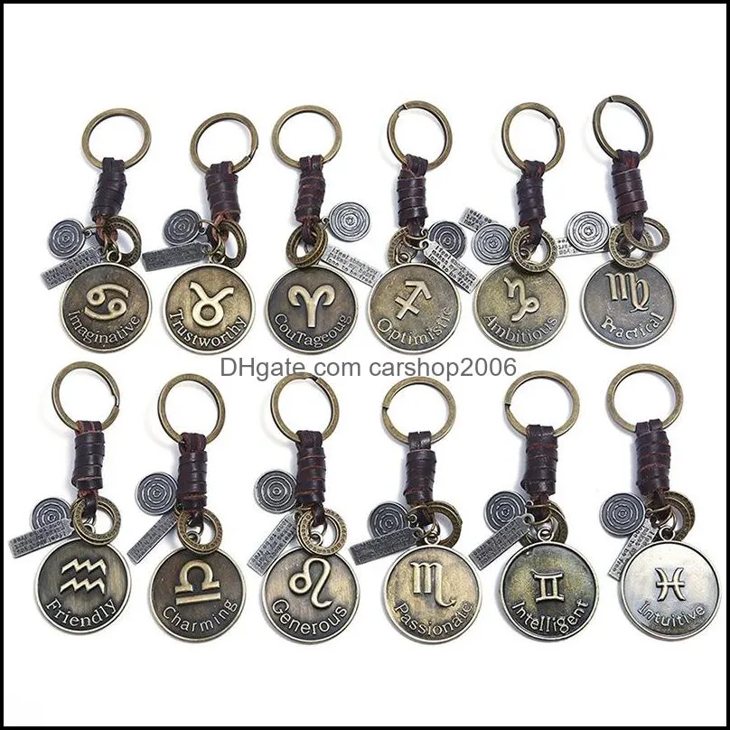 Zodiac Sign Keychains for Men Women Genuine Real Leather 12 Constellations Vintage Gold Color Metal Alloy Keyring Car Key Chain Holder