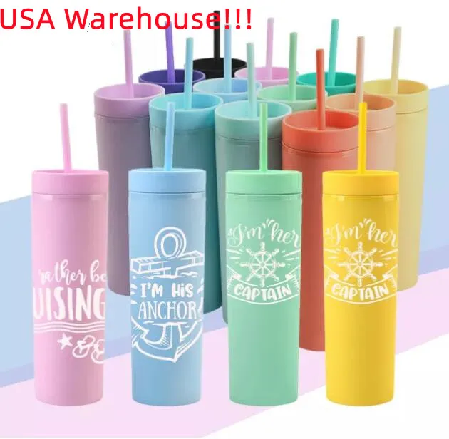 Local warehouse 16oz Skinny Tumblers Mugs Matte Colored Acrylic Tumblers with Lids and Straws Double Wall Plastic Tumblers US-Abroad Shipping USA warehouse