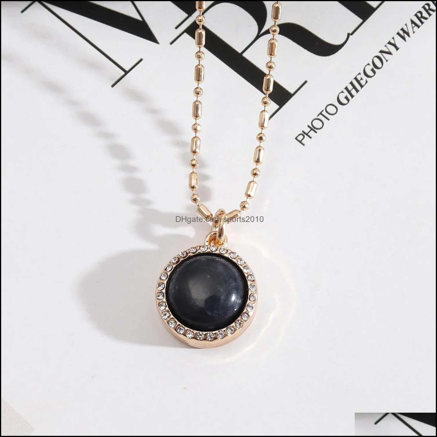 fashion natural stone pendant black bluesand pink rose quartz healing rhinestone gold bead chain necklace for women jewelry short texture versatile