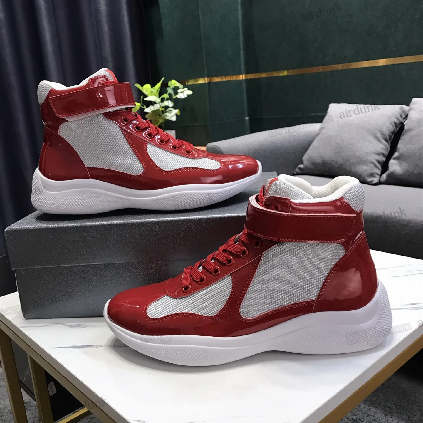 2022 Men America Cup Casual Shoes Designer Sneakers Top Patent Leather Flat Trainers Black Blue Mesh Lace up Nylon Runner Trainer America s Xl Shoe