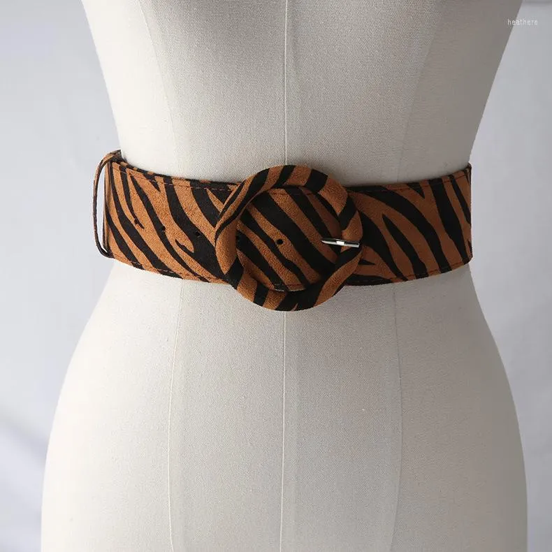 Cinturones Cinturón ancho para mujer Moda Patrón de leopardo Decoración Cintura Sello Hebilla redonda Abrigo cuadrado Accesorios Cinturones