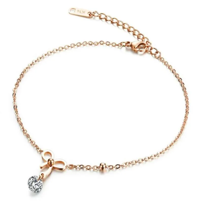 Bracelet en acier inoxydable en or rose, chaîne avec nœud en cristal pour femmes, chaînes de cheville pour cadeaux, 20cm, 5mm